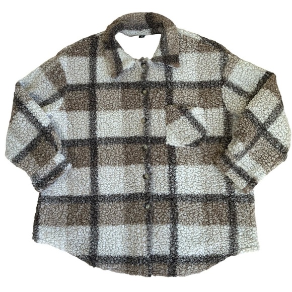 SHEIN CURVE LUNE Plus Plaid Pattern Drop Shoulder Teddy Coat Tan Cream Sz 2X - Picture 5 of 16